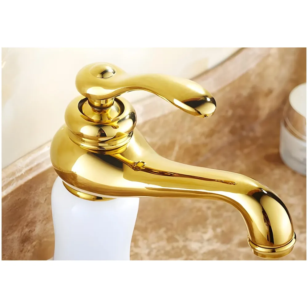 White Gold Marble Basin Tap Faucet Mixer for Bathroom Toilet Wash Basins Hot and Cold Water (Without pop-up) (Jade Petite) 20 Cm Height