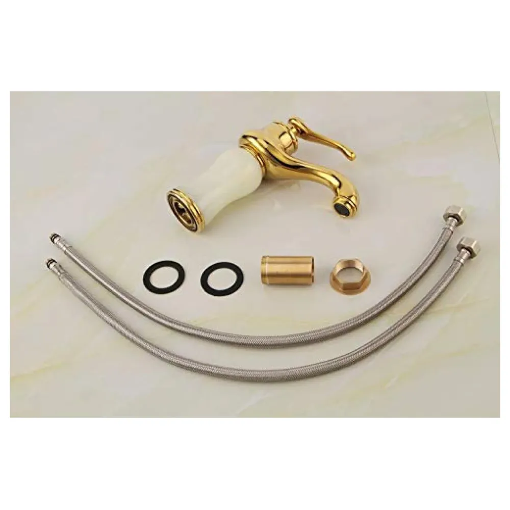 White Marble Heavy Single Lever Basin Mixer ~ with 2 Braided Connection Pipes 450mm Jade Petite, 7 Inches Height