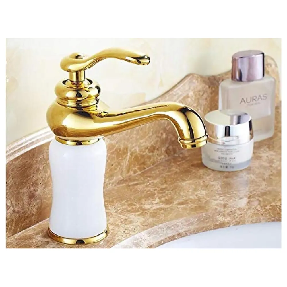 White Gold Marble Basin Tap Faucet Mixer for Bathroom Toilet Wash Basins Hot and Cold Water (Without pop-up) (Jade Petite) 20 Cm Height
