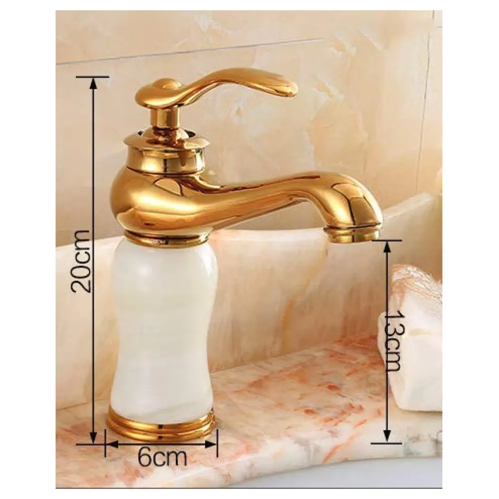 White Gold Marble Basin Tap Faucet Mixer for Bathroom Toilet Wash Basins Hot and Cold Water (Without pop-up) (Jade Petite) 20 Cm Height