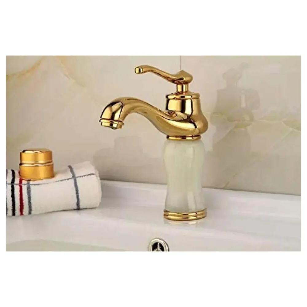 White Gold Marble Basin Tap Faucet Mixer for Bathroom Toilet Wash Basins Hot and Cold Water (Without pop-up) (Jade Petite) 20 Cm Height
