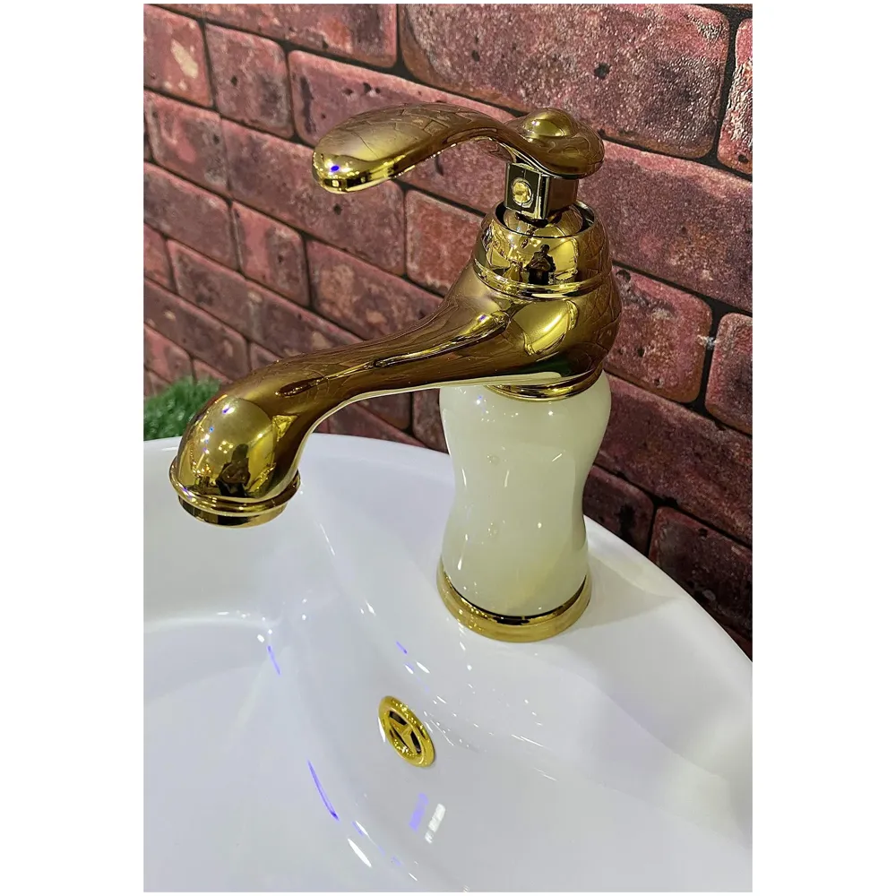 White Gold Marble Basin Tap Faucet Mixer for Bathroom Toilet Wash Basins Hot and Cold Water (Without pop-up) (Jade Petite) 20 Cm Height