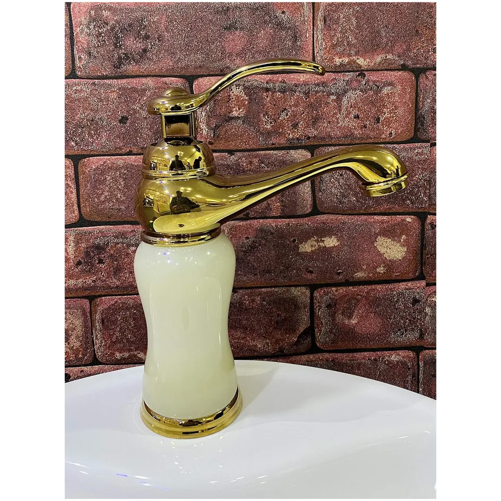 White Gold Marble Basin Tap Faucet Mixer for Bathroom Toilet Wash Basins Hot and Cold Water (Without pop-up) (Jade Petite) 20 Cm Height