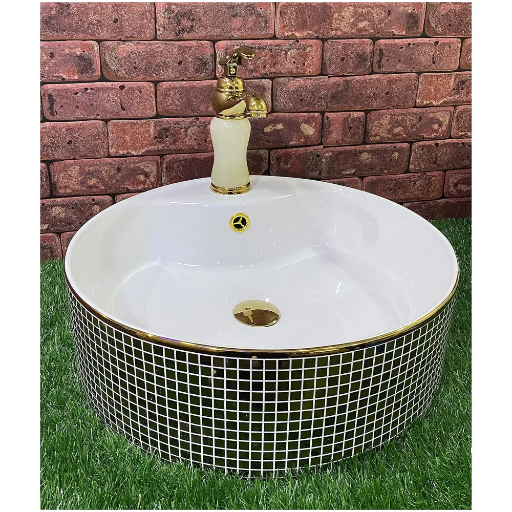 White Gold Marble Basin Tap Faucet Mixer for Bathroom Toilet Wash Basins Hot and Cold Water (Without pop-up) (Jade Petite) 20 Cm Height