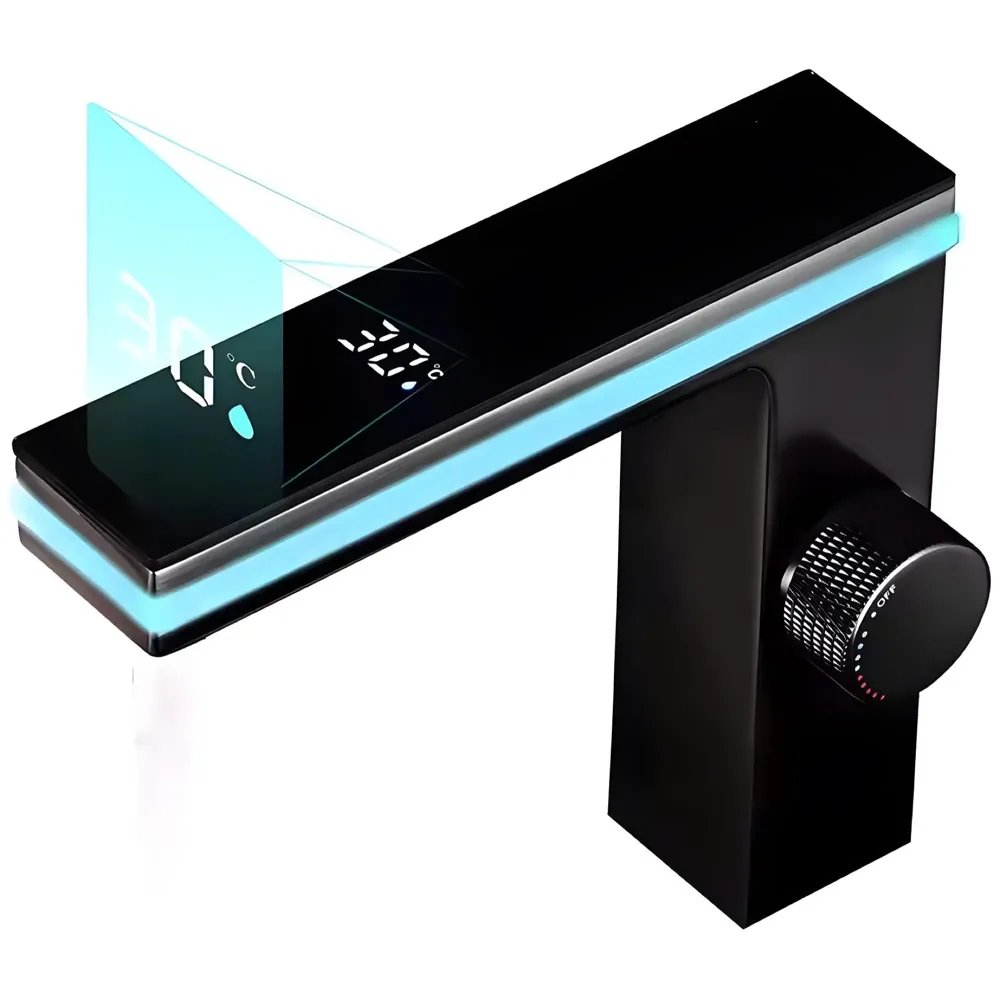 Black tap Faucet Led and Temperature Display Soft Flow Basin Mixer Light Basin Tap Faucet Hot and Cold, Square, Bathroom washbasin - 6.2 Inch Tall