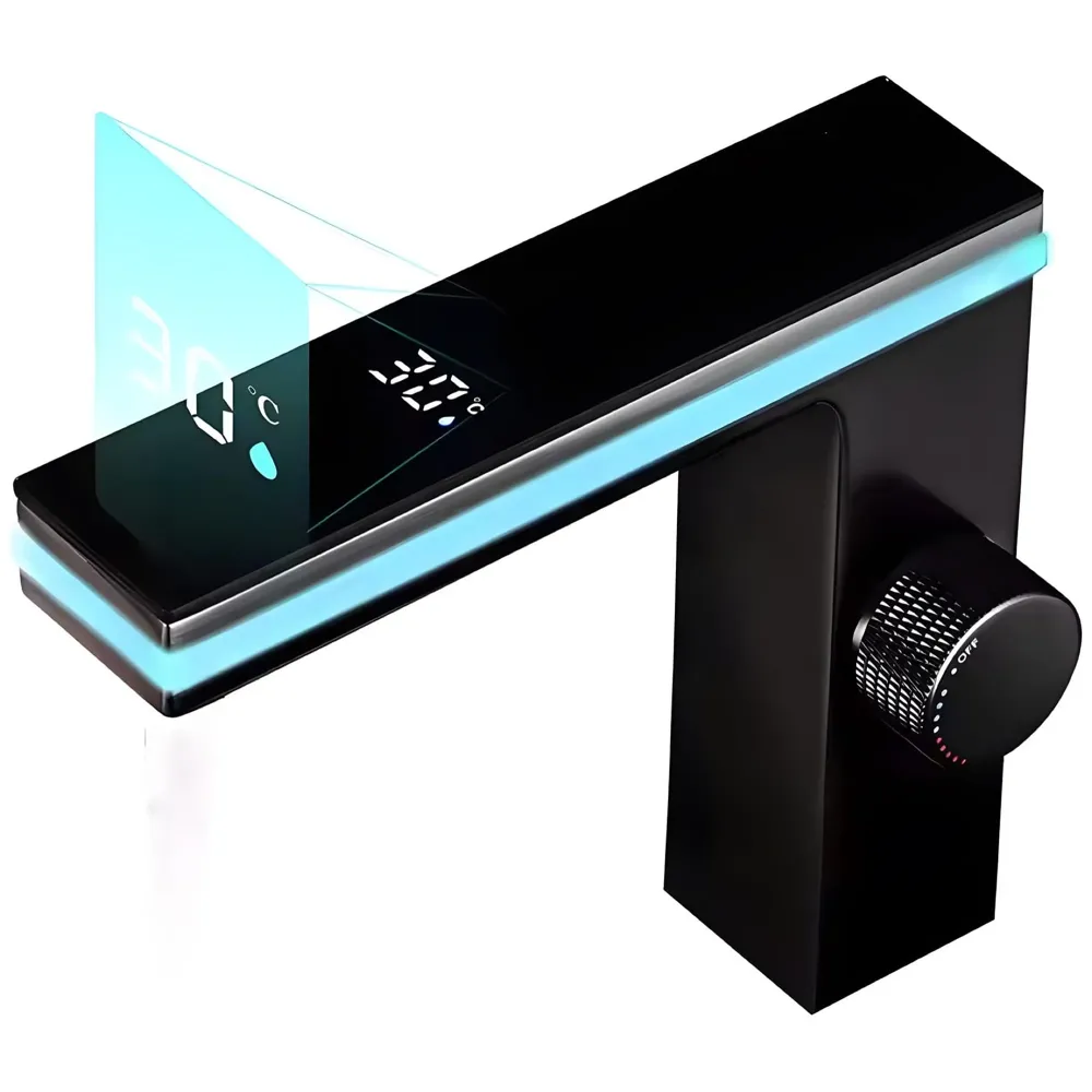 Black tap Faucet Led and Temperature Display Soft Flow Basin Mixer Light Basin Tap Faucet Hot and Cold, Square, Bathroom washbasin - 6.2 Inch Tall
