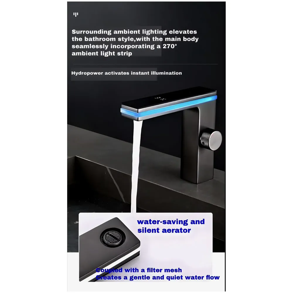 Black tap Faucet Led and Temperature Display Soft Flow Basin Mixer Light Basin Tap Faucet Hot and Cold, Square, Bathroom washbasin - 6.2 Inch Tall