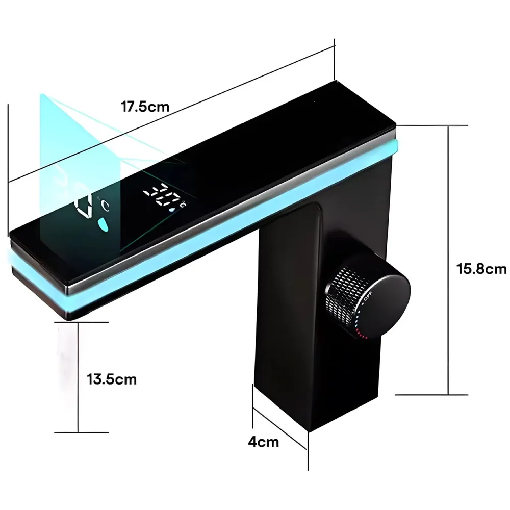 Black tap Faucet Led and Temperature Display Soft Flow Basin Mixer Light Basin Tap Faucet Hot and Cold, Square, Bathroom washbasin - 6.2 Inch Tall