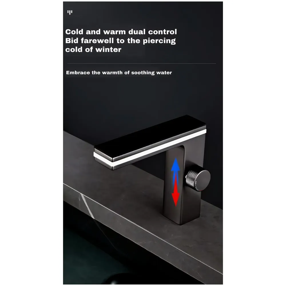 Black tap Faucet Led and Temperature Display Soft Flow Basin Mixer Light Basin Tap Faucet Hot and Cold, Square, Bathroom washbasin - 6.2 Inch Tall