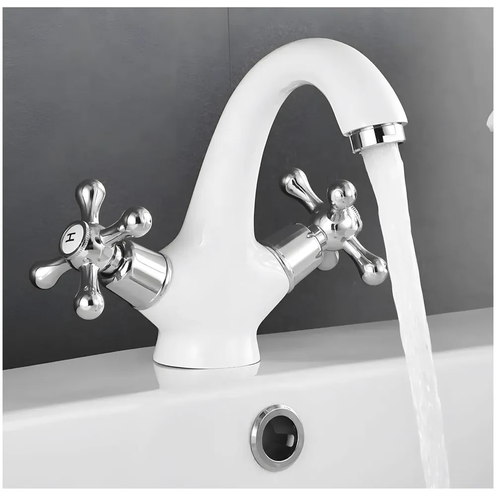 White Chrome Silver Faucet Tap Mixer Hot and Cold Water Traditional Collection Zinc Heavy Knob Basin Mixer 6 inches with Connector Pipes and Ceramic Cartridge