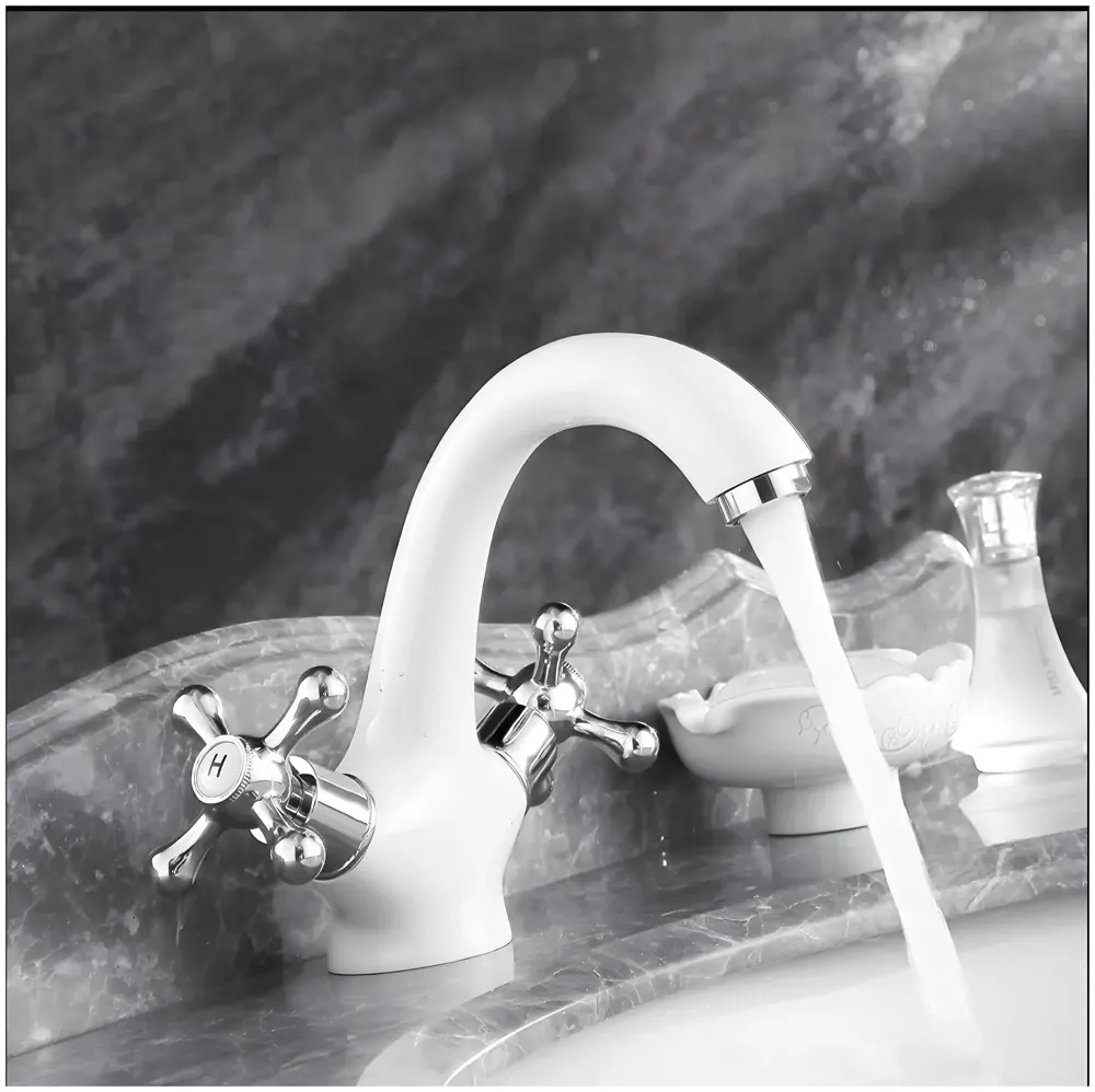 White Chrome Silver Faucet Tap Mixer Hot and Cold Water Traditional Collection Zinc Heavy Knob Basin Mixer 6 inches with Connector Pipes and Ceramic Cartridge