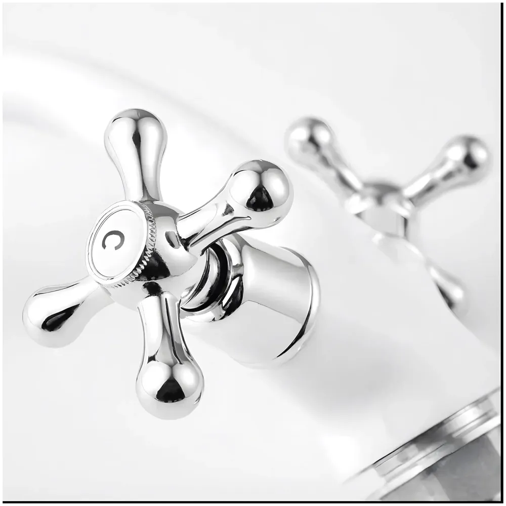 White Chrome Silver Faucet Tap Mixer Hot and Cold Water Traditional Collection Zinc Heavy Knob Basin Mixer 6 inches with Connector Pipes and Ceramic Cartridge