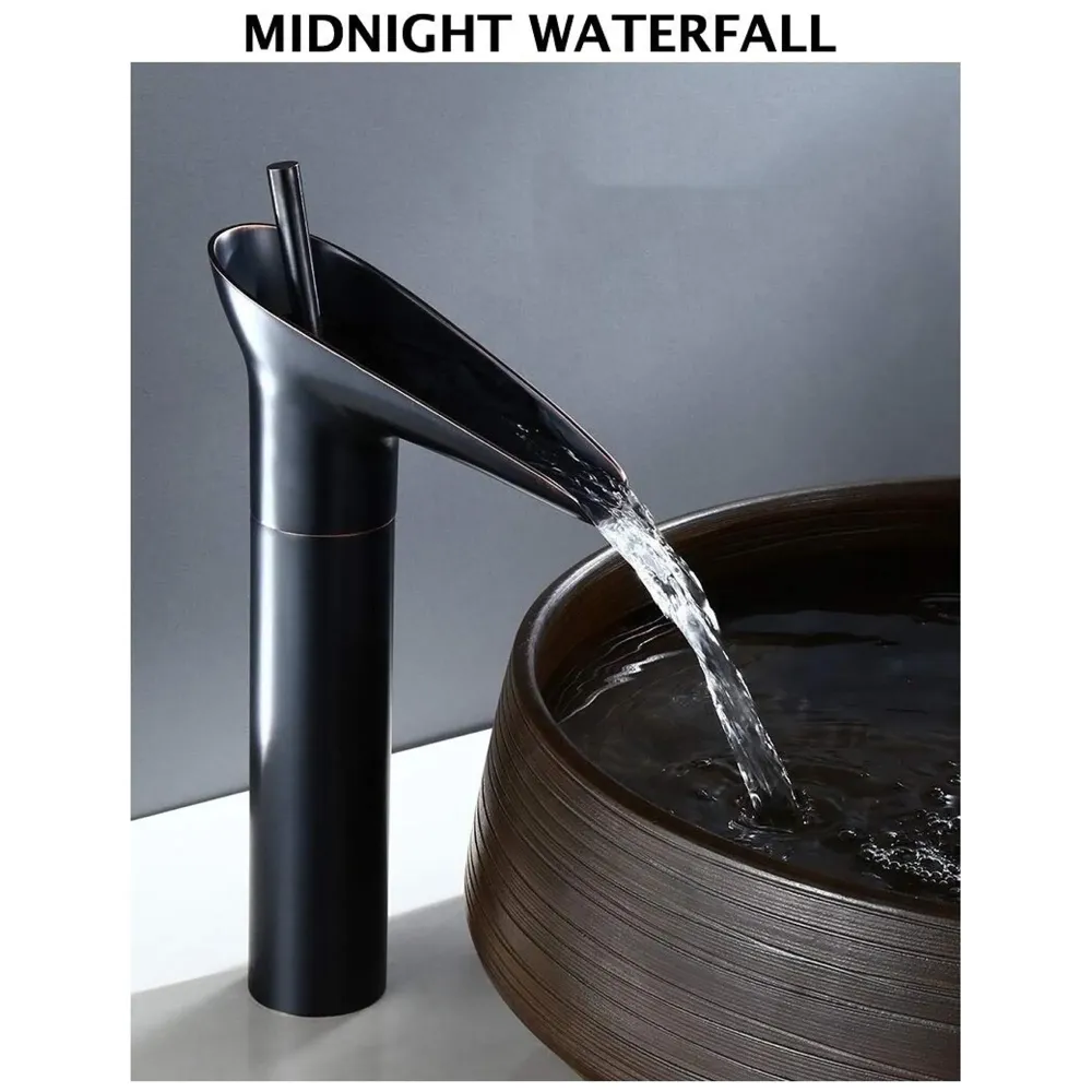 Black Waterfall Basin Mixer for Bathroom Toilet Wash Basins Hot and Cold Water (Without pop-up) (Midnight Waterfall) Black, Brass Material, 12 Inches