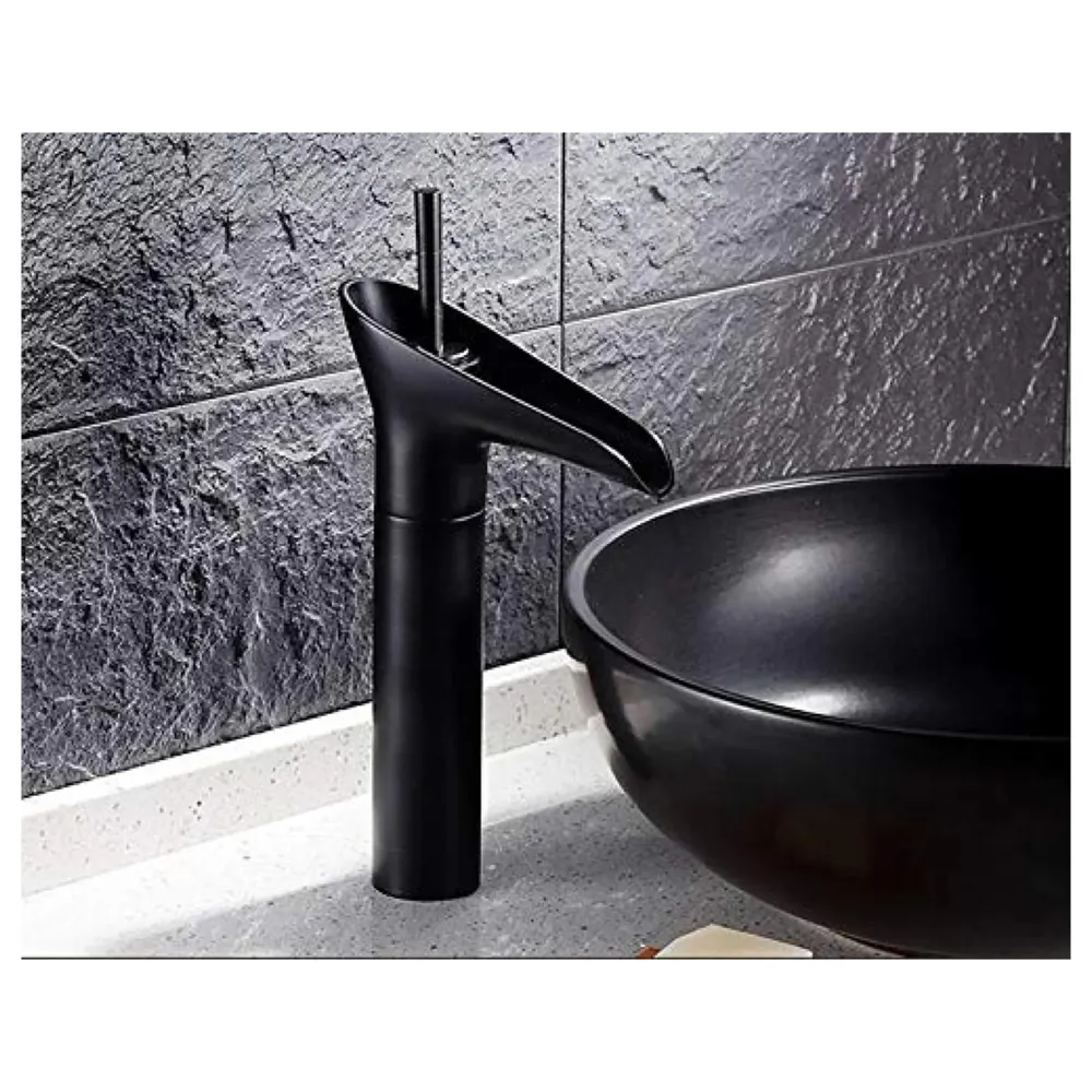 Black Waterfall Basin Mixer for Bathroom Toilet Wash Basins Hot and Cold Water (Without pop-up) (Midnight Waterfall) Black, Brass Material, 12 Inches