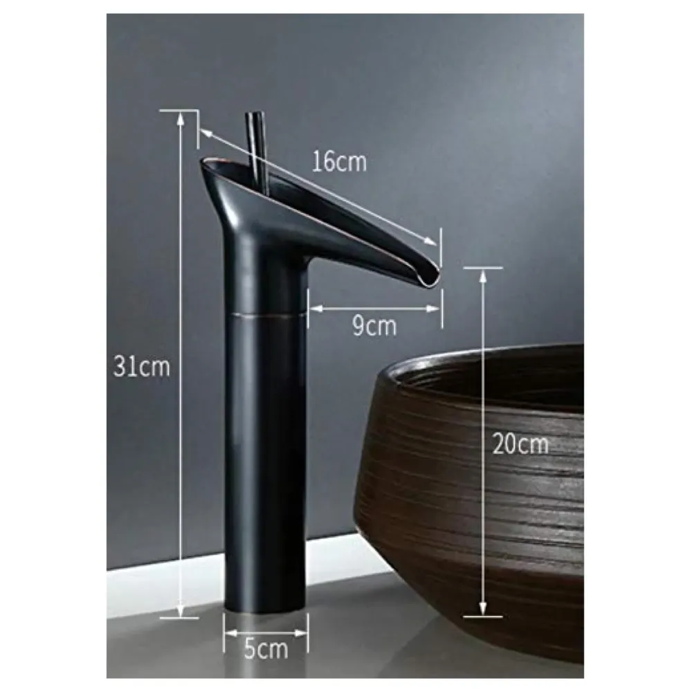 Waterfall Black Basin Faucet Tap MixerFor Bathroom Toilet Wash Basins Hot and Cold Water Midnight Waterfall Black, Brass Material, 12 Inches Height