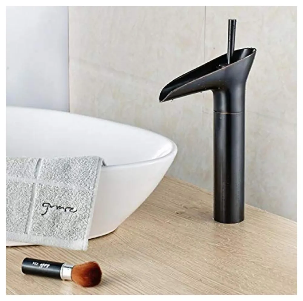 Waterfall Black Basin Faucet Tap MixerFor Bathroom Toilet Wash Basins Hot and Cold Water Midnight Waterfall Black, Brass Material, 12 Inches Height