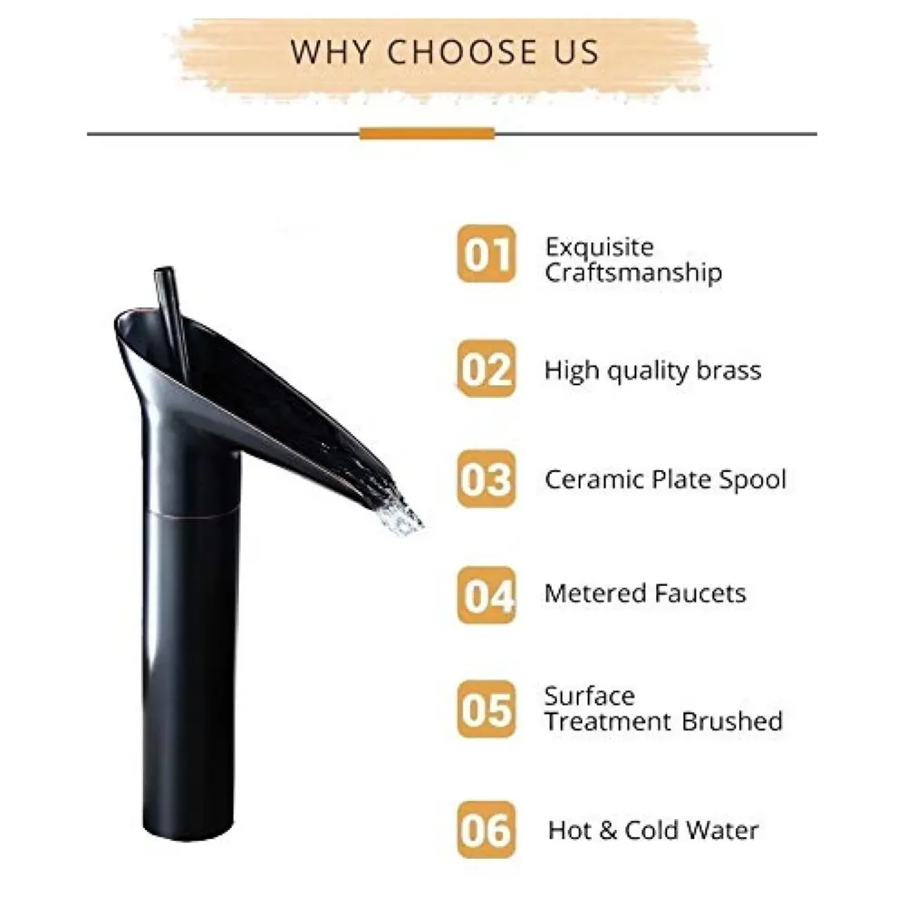 Waterfall Black Basin Faucet Tap MixerFor Bathroom Toilet Wash Basins Hot and Cold Water Midnight Waterfall Black, Brass Material, 12 Inches Height