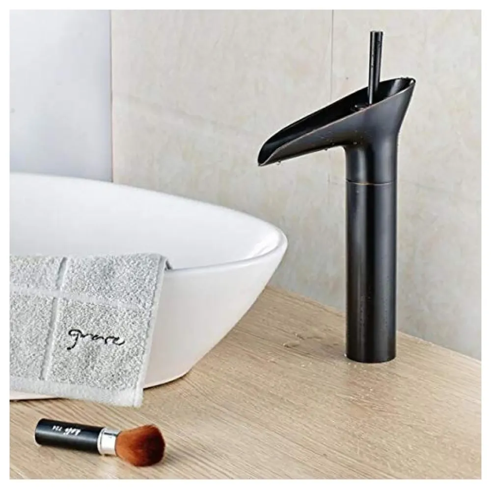 Waterfall Black Basin Faucet Tap MixerFor Bathroom Toilet Wash Basins Hot and Cold Water Midnight Waterfall Black, Brass Material, 12 Inches Height