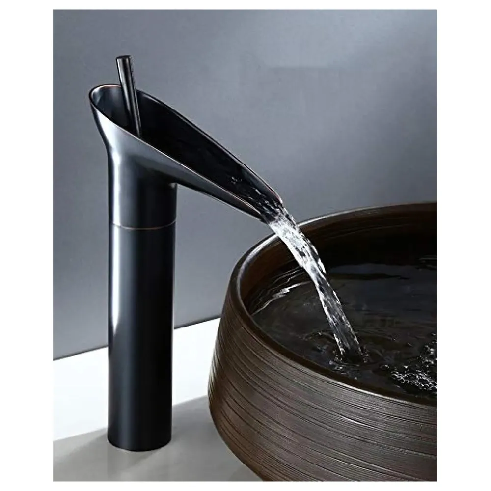 Black Waterfall Basin Mixer for Bathroom Toilet Wash Basins Hot and Cold Water (Without pop-up) (Midnight Waterfall) Black, Brass Material, 12 Inches