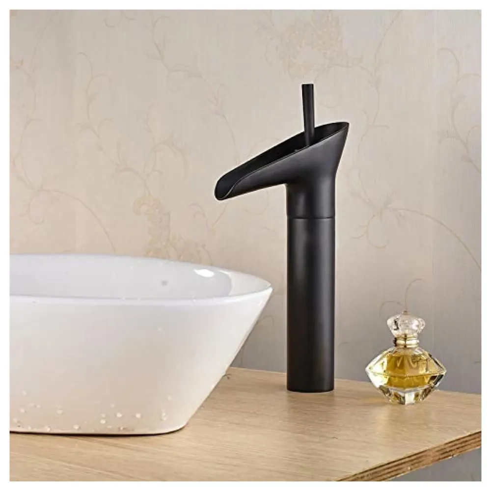 Black Waterfall Basin Mixer for Bathroom Toilet Wash Basins Hot and Cold Water (Without pop-up) (Midnight Waterfall) Black, Brass Material, 12 Inches