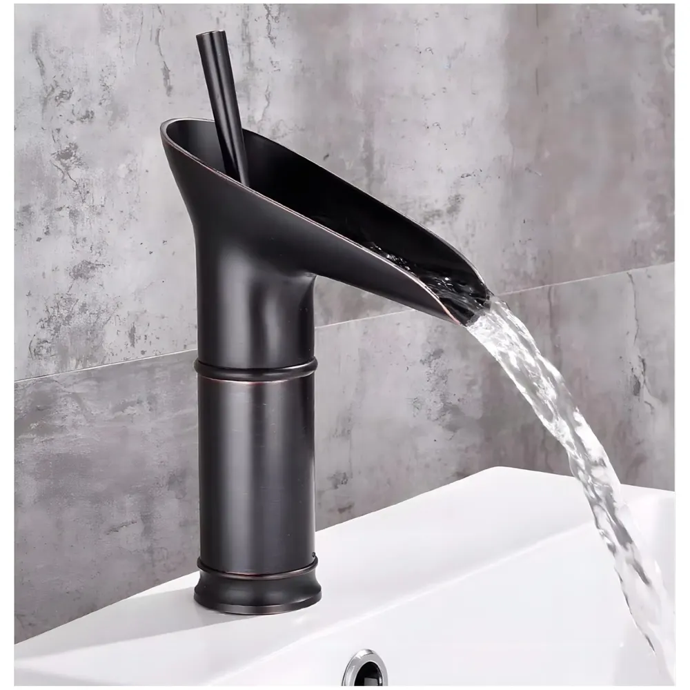Black Waterfall Basin Tap Faucet Mixer for Bathroom Toilet Wash Basins Hot and Cold Water Brass Material, 7 Inches Height
