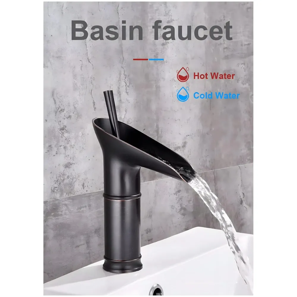 Black Waterfall Basin Tap Faucet Mixer for Bathroom Toilet Wash Basins Hot and Cold Water Brass Material, 7 Inches Height - 2