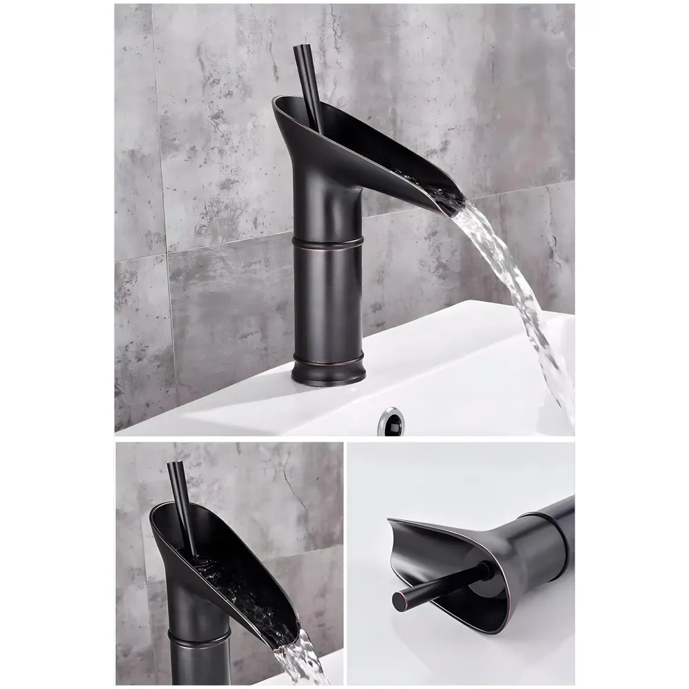 Black Waterfall Basin Tap Faucet Mixer for Bathroom Toilet Wash Basins Hot and Cold Water Brass Material, 7 Inches Height - 5
