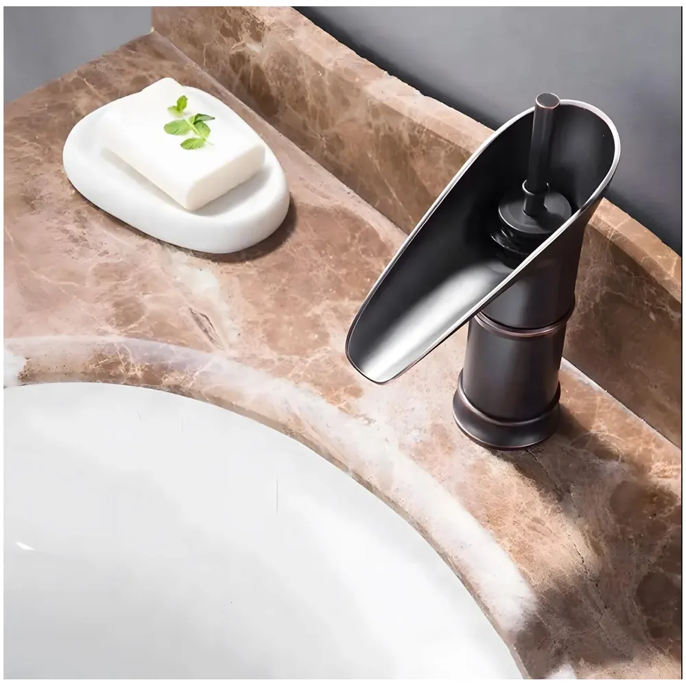 Black Waterfall Basin Tap Faucet Mixer for Bathroom Toilet Wash Basins Hot and Cold Water Brass Material, 7 Inches Height - 6