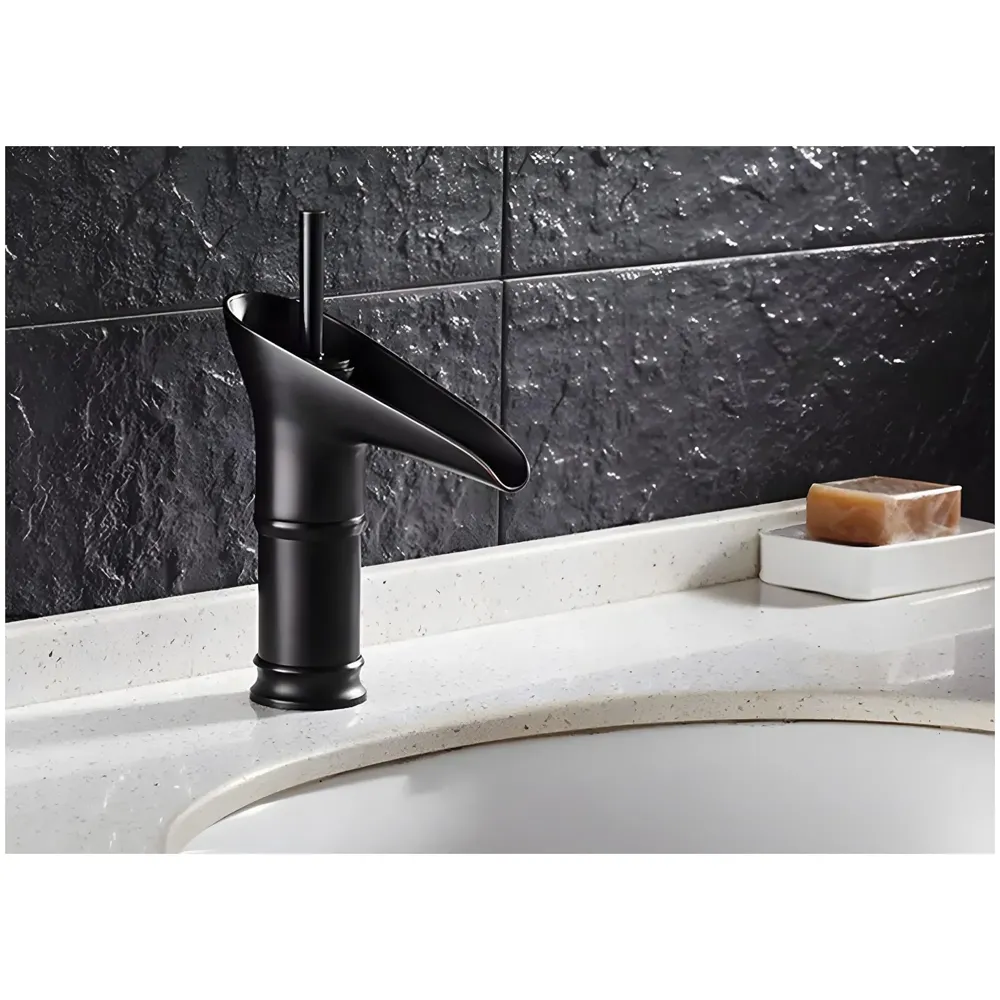 Black Waterfall Basin Tap Faucet Mixer for Bathroom Toilet Wash Basins Hot and Cold Water Brass Material, 7 Inches Height - 9