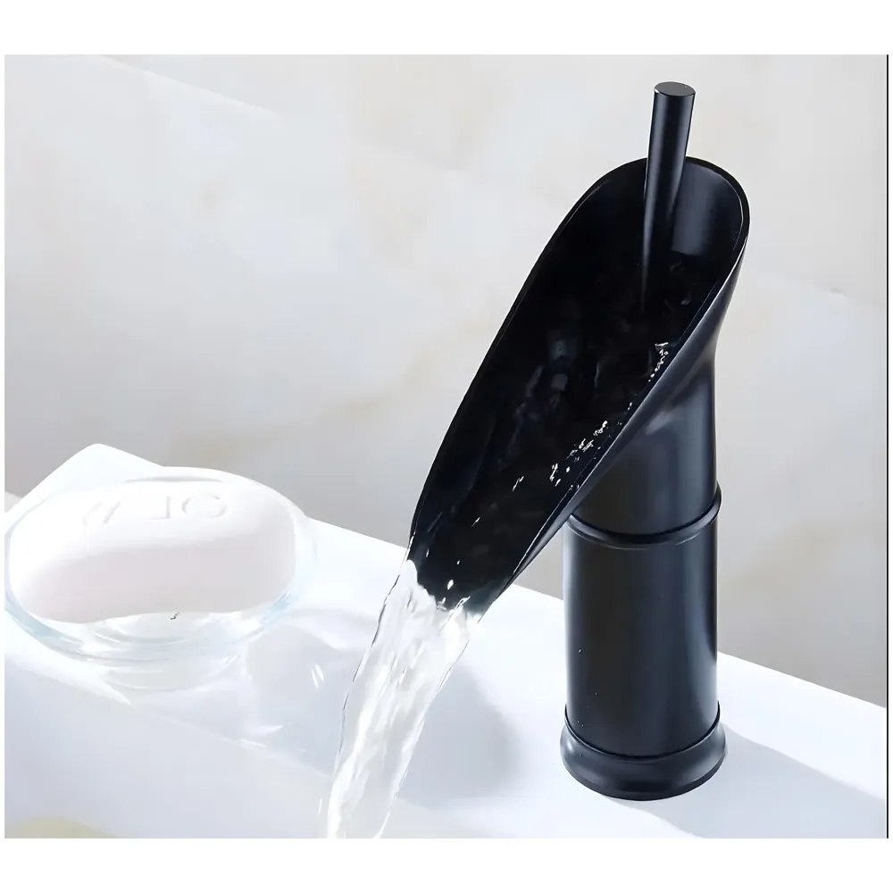 Brass Black Basin tap Faucet Mixer Waterfall for Bathroom Toilet Wash Basins Hot and Cold Water, 7 inch Height Matt Black Waterfall Spout