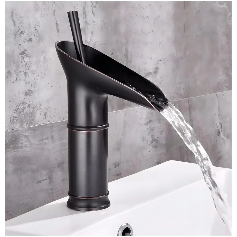 Brass Black Basin tap Faucet Mixer Waterfall for Bathroom Toilet Wash Basins Hot and Cold Water, 7 inch Height Matt Black Waterfall Spout