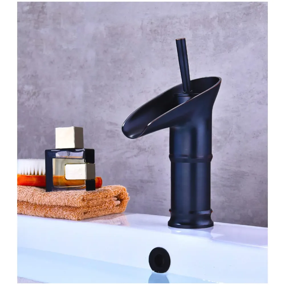 Brass Black Basin tap Faucet Mixer Waterfall for Bathroom Toilet Wash Basins Hot and Cold Water, 7 inch Height Matt Black Waterfall Spout