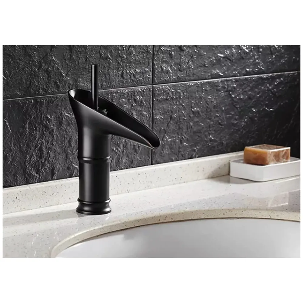 Brass Black Basin tap Faucet Mixer Waterfall for Bathroom Toilet Wash Basins Hot and Cold Water, 7 inch Height Matt Black Waterfall Spout