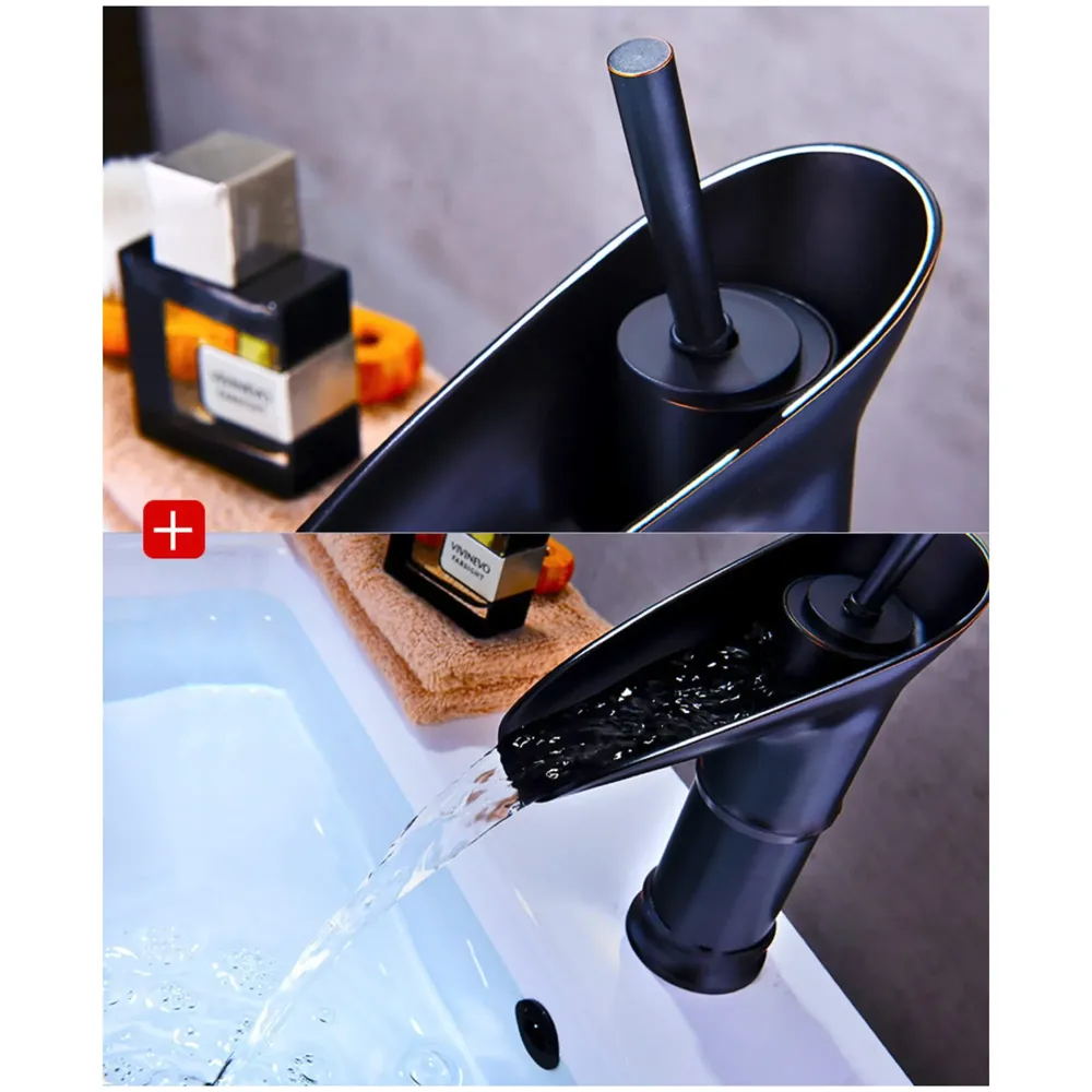 Brass Black Basin tap Faucet Mixer Waterfall for Bathroom Toilet Wash Basins Hot and Cold Water, 7 inch Height Matt Black Waterfall Spout