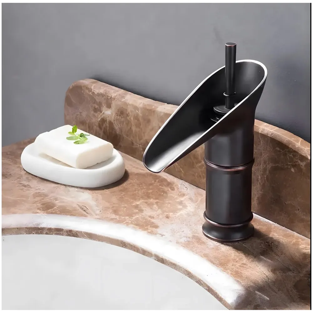 Brass Black Basin tap Faucet Mixer Waterfall for Bathroom Toilet Wash Basins Hot and Cold Water, 7 inch Height Matt Black Waterfall Spout