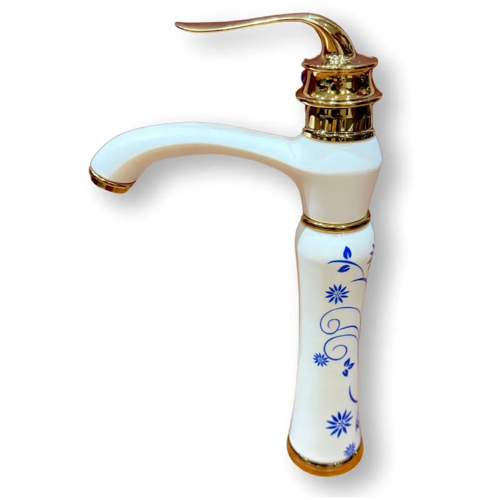 White Gold Faucet Tap Mixer Hot and Cold Water Basin Mixer 12 inches Moroccan Design and Ceramic Cartridge for Bathroom Wash Basins - White Gold and Blue - 30 Cms Height