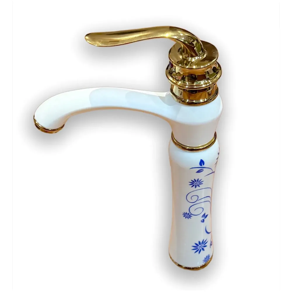 White Gold Faucet Tap Mixer Hot and Cold Water Basin Mixer 12 inches Moroccan Design and Ceramic Cartridge for Bathroom Wash Basins - White Gold and Blue - 30 Cms Height - 4