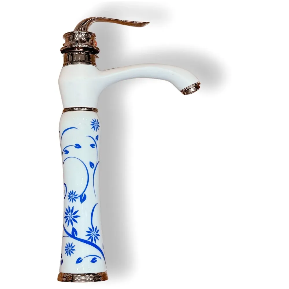 White Gold Faucet Tap Mixer Hot and Cold Water Basin Mixer 12 inches Moroccan Design and Ceramic Cartridge for Bathroom Wash Basins - White Gold and Blue - 30 Cms Height - 5