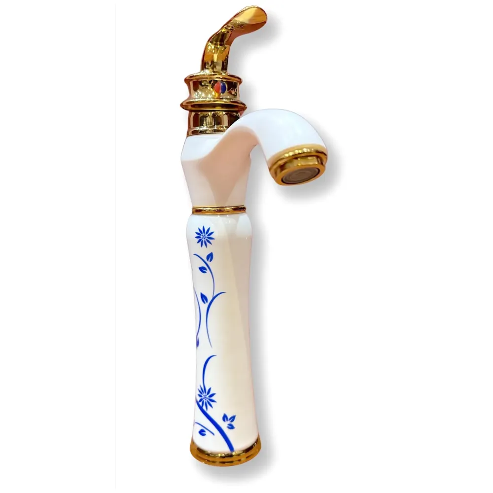 White Gold Faucet Tap Mixer Hot and Cold Water Basin Mixer 12 inches Moroccan Design and Ceramic Cartridge for Bathroom Wash Basins - White Gold and Blue - 30 Cms Height - 7