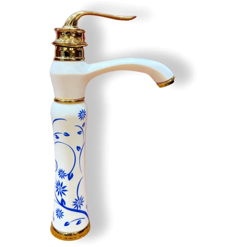 White Gold Faucet Tap Mixer Hot and Cold Water Basin Mixer 12 inches Moroccan Design and Ceramic Cartridge for Bathroom Wash Basins - White Gold and Blue - 30 Cms Height - 8