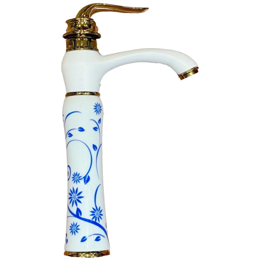 White Gold Faucet Tap Mixer Hot and Cold Water Basin Mixer 12 inches Moroccan Design and Ceramic Cartridge for Bathroom Wash Basins - White Gold and Blue - 30 Cms Height