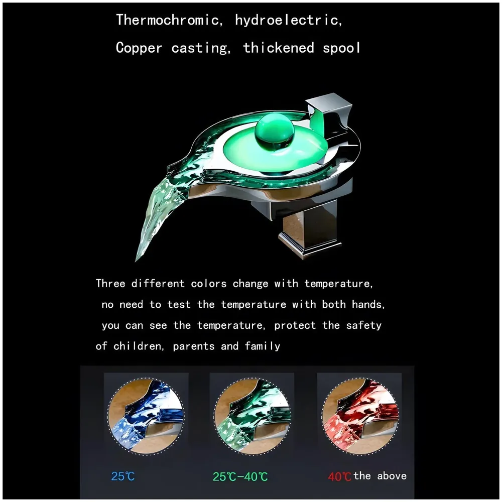 Led Faucet Silver Chrome Waterfall Basin Tap Fuacet MixerFor Bathroom Toilet Wash Basins Hot and Cold Water, 6.2 Inch Tall - No Electric Connection Required