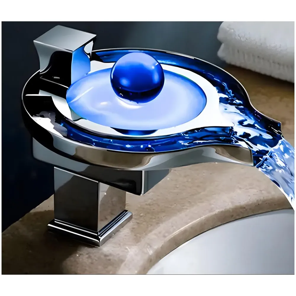 AQUAKART Led Faucet Silver Chrome Waterfall Basin Tap Fuacet Mixer for Bathroom Toilet Wash Basins Hot and Cold Water, 6.2 Inch Tall - No Electric Connection Required