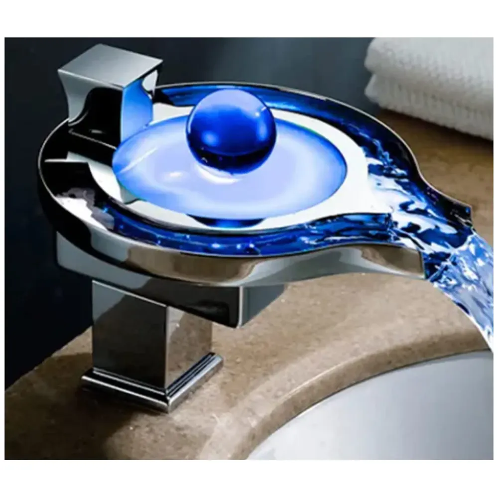 Led Faucet Silver Chrome Waterfall Basin Tap Fuacet MixerFor Bathroom Toilet Wash Basins Hot and Cold Water, 6.2 Inch Tall - No Electric Connection Required