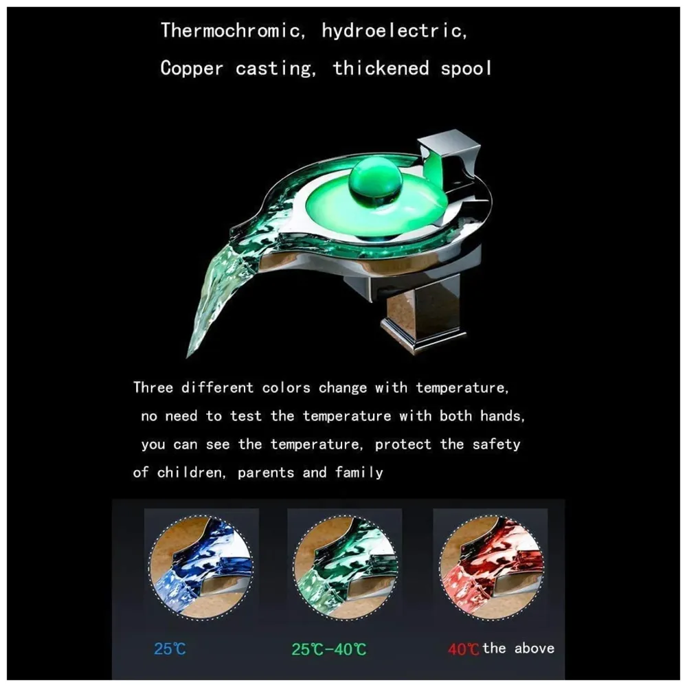 Led Faucet Silver Chrome Waterfall Basin Tap Fuacet MixerFor Bathroom Toilet Wash Basins Hot and Cold Water, 6.2 Inch Tall - No Electric Connection Required