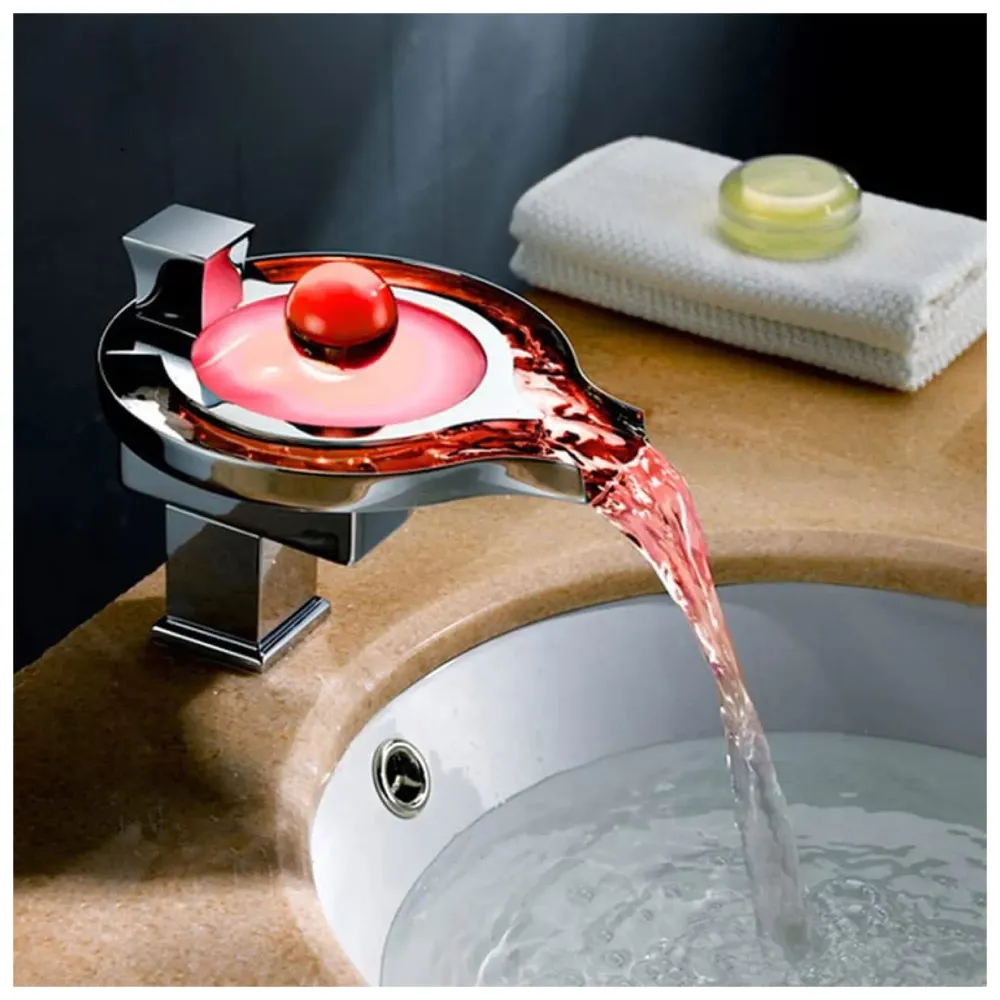 Led Faucet Silver Chrome Waterfall Basin Tap Fuacet MixerFor Bathroom Toilet Wash Basins Hot and Cold Water, 6.2 Inch Tall - No Electric Connection Required