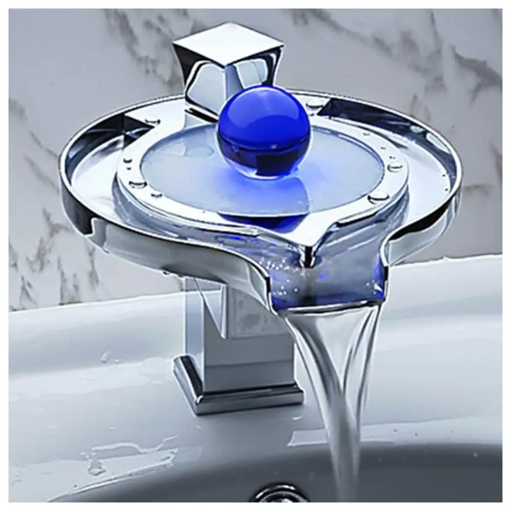 Led Faucet Silver Chrome Waterfall Basin Tap Fuacet MixerFor Bathroom Toilet Wash Basins Hot and Cold Water, 6.2 Inch Tall - No Electric Connection Required