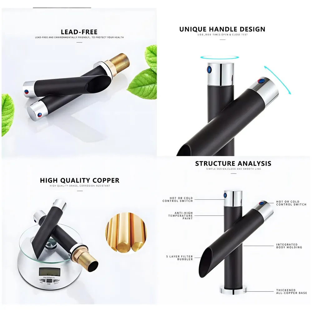 Black Basin tap Faucet Mixer Soft Flow for Bathroom Toilet Wash Basins Hot and Cold Water (Noir Flusso Small - 7 Inches) Matt Black