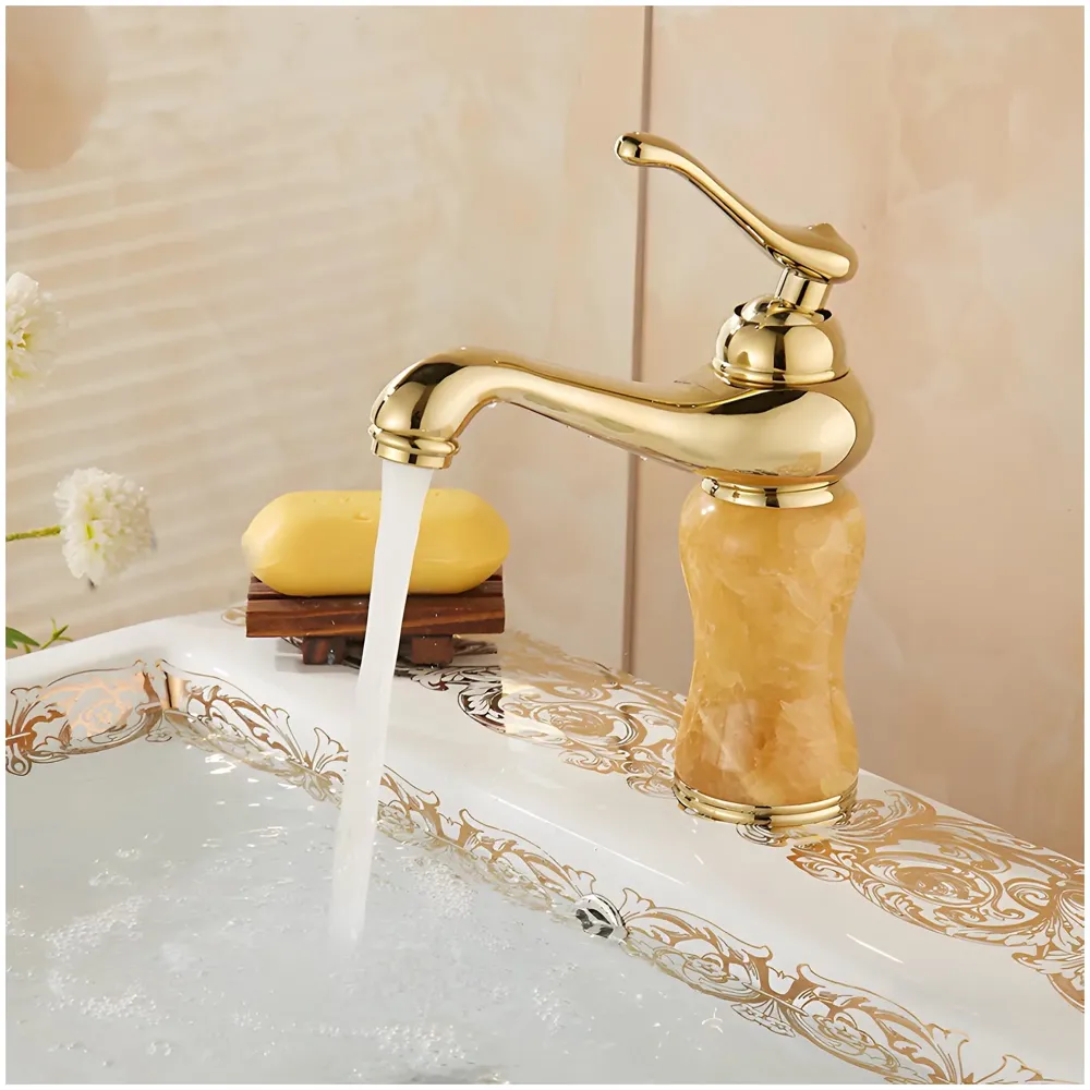 Gold Marble Basin Faucet Tap Mixer for Bathroom Toilet Wash Basins Hot and Cold Water (Without pop-up) (Onyx Petite) Gold, Brass Material, 8 Inches