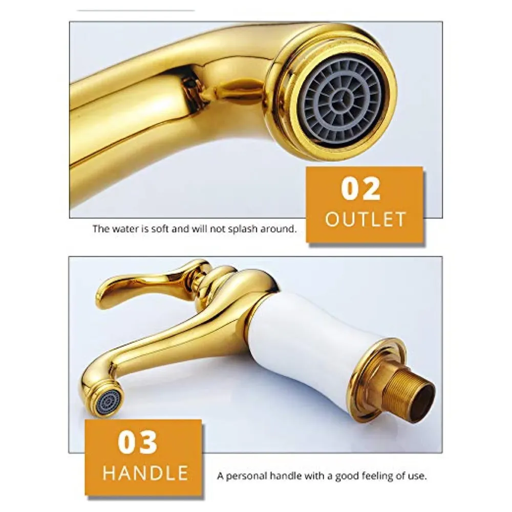 Gold Marble Basin Faucet Tap Mixer for Bathroom Toilet Wash Basins Hot and Cold Water (Without pop-up) (Onyx Petite) Gold, Brass Material, 8 Inches - 6